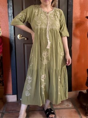Arabic Embroidered Olive Green Women's Dress from Dubai